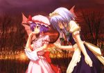 absurdres bat_wings blood bowing braid closed_eyes eyes_closed hand_to_mouth handkerchief hat highres horizon izayoi_sakuya maid maid_headdress multiple_girls outstretched_hand purple_hair red_eyes remilia_scarlet short_hair silver_hair sky sunset touhou tree twin_braids wings wiping wrist_cuffs yasuyuki 