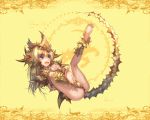  babycat barefoot blonde_hair blue_eyes claws dragon_girl fang feet interlocked_fingers long_hair open_mouth original soles solo tail thorns yellow_background 