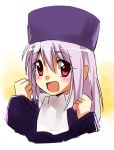  :d blush child clenched_hands fate/stay_night fate/zero fate_(series) hat ichi_(lucky-dog1) illyasviel_von_einzbern long_hair open_mouth raised_fist raised_fists red_eyes smile solo white_hair winter_clothes young 