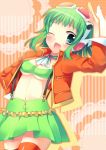  amamine blush goggles goggles_on_head green_eyes green_hair gumi headphones jacket megpoid_(vocaloid3) open_mouth short_hair skirt smile solo thigh-highs thighhighs vocaloid wink zettai_ryouiki 