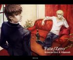  blonde_hair bracelet brown_eyes brown_hair casual chair character_name fate/stay_night fate/zero fate_(series) gilgamesh jewelry kotomine_kirei letterboxed male multiple_boys necklace red_eyes sitting title_drop wine yunvshen 