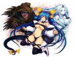  bare_shoulders blue_hair boots bow breasts cleavage dizzy guilty_gear hair_bow kara_(color) large_breasts long_hair navel necro open_mouth panties pink_eyes red_eyes tail thighhighs underwear undine very_long_hair 