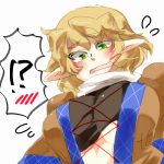  blonde_hair blush breasts bust corset green_eyes iroyopon mizuhashi_parsee pointy_ears touhou under_boob underboob wavy_mouth 