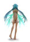  aqua_hair arms_behind_back bare_back bare_shoulders barefoot dress from_behind long_hair m874 saya saya_no_uta simple_background solo twintails very_long_hair white_dress wings 