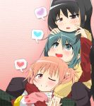  akemi_homura black_hair blue_eyes blue_hair casual girl_sandwich hair_ornament hairband hairclip harband heart hug hug_from_behind interlocked_fingers kaname_madoka mahou_shoujo_madoka_magica miki_sayaka multiple_girls omochi_(433purupuru) pink_eyes pink_hair purple_eyes short_hair short_twintails spoken_heart twintails violet_eyes 