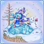  barefoot bow cirno dress faux_figurine food fruit hair_bow hakoniwa letty_whiterock lowres multiple_girls muyue_mitsudou outdoors perfect_cherry_blossom pixel_art snow snowman touhou tree watermelon 