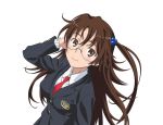  blazer brown_eyes brown_hair from_above glasses hair_bobbles hair_ornament kazakiri_hyouka long_hair looking_at_viewer looking_up necktie one_side_up school_uniform simple_background smile smile_(rz) solo to_aru_majutsu_no_index 