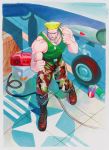  absurdres airplane akiman american_flag blonde_hair boombox boots camouflage dog_tags f-16 fighting_stance guile highres military military_uniform muscle official_art solo street_fighter street_fighter_ii tank_top tattoo uniform woodland_pattern yasuda_akira 