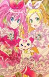  blonde_hair blue_eyes bow brooch cat choker cure_melody cure_rhythm dress earrings green_eyes hairband houjou_hibiki hummy_(suite_precure) jewelry long_hair magical_girl minamino_kanade multiple_girls musical_note pink_hair pink_legwear precure ribbon smile staff_(music) suite_precure thigh-highs thighhighs twintails v youkan_(abbi) 