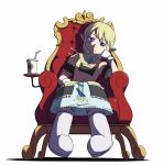  blonde_hair blue_eyes boots bored cup dress gloves hand_on_own_cheek hand_on_own_face looking_at_viewer mitsu_(nicoseiga) nichijou pointy_ears princess_starla_(nichijou) serious simple_background sitting solo straw throne white_background white_gloves 