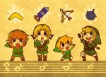  belt black_eyes blue_eyes bomb boomerang bow_(weapon) brown_hair earrings gloves hat hook jewelry link male motimamire multiple_persona musical_note ocarina_of_time pointy_ears smile the_legend_of_zelda toon_link twilight_princess weapon wind_waker 