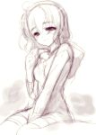  between_legs blush hand_between_legs happy hoodie looking_at_viewer monochrome original pointing pointing_at_self short_hair shouna_mitsuishi sitting sketch smile solo v_arms wariza 
