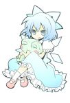  blue_eyes blue_hair bow cirno doll dress footwear frills frog mary_janes open_mouth reisen2 shoes short_hair simple_background socks stuffed_animal stuffed_toy touhou wings yuzuki_gao 