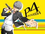  bad_id bangs foreshortening glasses grey_eyes hiiro_(kikokico) holding houndstooth jacket long_sleeves male narukami_yuu persona persona_4 school_uniform shirt short_hair silver_hair smile solo striped striped_background swept_bangs sword text title_drop weapon yellow_background 