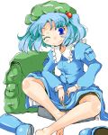  backpack bag barefoot blue_eyes blue_hair boots feet hair_bobbles hair_ornament hat indian_style kanoe_soushi kawashiro_nitori key no_shoes shoes_removed sitting skirt solo touhou twintails wink 