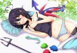  :3 asymmetrical_wings bare_shoulders black_hair black_legwear blanket blue_panties camisole closed_eyes collarbone eyes_closed houjuu_nue kariosuto21 lying no_pants on_side panties pillow polearm short_hair sleeping snake solo spear striped striped_panties thigh-highs thighhighs touhou trident ufo underwear underwear_only weapon wings 