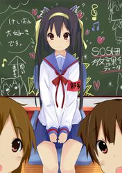  black_hair brown_eyes chalkboard company_connection cosplay hair_ribbon hairband hirasawa_ui k-on! kokumu kyoto_animation long_hair nakano_azusa ribbon school_uniform serafuku sgtxiaoxin sitting suzuki_jun suzumiya_haruhi suzumiya_haruhi_(cosplay) suzumiya_haruhi_no_yuuutsu translated 