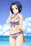  ahoge bare_shoulders blue_hair breasts cleavage cloud front-tie_top idolmaster miura_azusa muhi11234 navel red_eyes short_hair skindentation sky solo thigh_gap thighs 