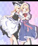  :d ;d alice_margatroid apron arm_around_neck bad_id blonde_hair blue_eyes book bow braid checkered checkered_background dress enje_(pixiv3289887) fang frills hair_bow hairband highres kirisame_marisa letterboxed light_particles long_hair multiple_girls open_mouth ruffles sash short_hair skirt skirt_hold skirt_lift smile touhou waist_apron wink yellow_eyes 