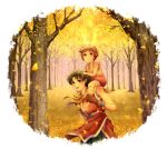  1girl autumn barefoot brown_eyes brown_hair carrying child circlet gensou_suikoden gensou_suikoden_ii gloves hand_on_head highres leaf piggyback pilika_(suikoden) riou scarf short_hair shoulder_carry smile sukimottsu tree 