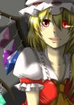  ascot blonde_hair collarbone fang flandre_scarlet glowing glowing_eye hat nitoni red_eyes side_ponytail solo the_embodiment_of_scarlet_devil touhou wings 