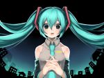  aqua_eyes aqua_hair bad_id bare_shoulders detached_sleeves floating_hair hands_clasped hatsune_miku interlocked_fingers long_hair necktie open_mouth solo twintails vocaloid 