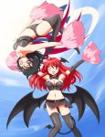  ;d alternate_costume asymmetrical_wings bat_wings belt black_gloves black_hair black_legwear black_panties blush breasts bustier cheerleader cleavage corsage demon_tail detached_collar elbow_gloves flx gloves head_wings highres houjuu_nue koakuma large_breasts midriff multiple_girls navel open_mouth outstretched_arms panties pom_poms red_eyes red_hair skirt smile spread_arms tail the_embodiment_of_scarlet_devil thigh-highs thighhighs touhou underwear upside-down wings wink zettai_ryouiki 