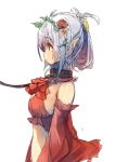  1girl bare_shoulders blue_hair collar detached_sleeves dress earrings flower hair_flower hair_ornament jewelry leash long_hair original pointy_ears profile red_dress rough solo ukyo_rst 