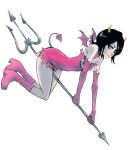  1girl alternate_costume bare_shoulders bat_wings black_hair bleach blue_eyes boots closed_mouth demon_tail demon_wings elbow_gloves female full_body gloves hair_between_eyes halloween_costume highres horns kubo_taito kuchiki_rukia mini_demon_wings mini_wings minidress pink_dress pink_footwear pink_gloves platform_footwear platform_heels polearm riding short_hair simple_background solo spear straddle strapless strapless_dress tail trident unconventional_broom weapon white_background wings 