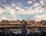 :o black_hair blush cityscape cloud dress house lights long_hair looking_away original pantyhose power_lines reflection sky solo standing telephone_pole v_arms water yuuko_(nora0x0) 