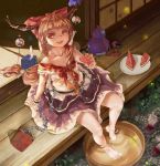  bare_shoulders barefoot belt blonde_hair chain chains feet_in_water food fruit gourd horns ibuki_suika junly long_hair off_shoulder porch sitting skirt soaking_feet solo touhou tub veranda water watermelon wind_chime yellow_eyes 