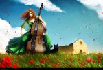  bow_(instrument) breasts building cat cello cloud curly_hair dress flower flower_pedals grass green_dress green_eyes instrument jewelry lips lipstick makeup necklace orange_hair original phungdinhdung sitting sky sleeves_pushed_up 