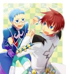  asbel_lhant bad_id blue_eyes blue_hair blush brothers brown_hair checkered checkered_background english glasses hubert_ozwell male multiple_boys sen_nai siblings tales_of_(series) tales_of_graces uniform 