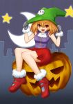  :o ascot blush brown_hair crescent_moon free=time gloves grey_legwear halloween hat highres jack-o&#039;-lantern jack-o'-lantern mary_janes moon night open_mouth original pleated_skirt pumpkin red_eyes shoes short_hair silhouette sitting skirt skull sleeveless smile solo star star_(sky) town witch_hat 