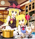  apron blonde_hair bowl brown_eyes cloud cooking egg eggshell food hat icing kirisame_marisa meat microwave milk milk_carton multiple_girls mushroom onion open_mouth pan pastry_bag pepper pepper_shaker pot red_eyes rumia short_hair spoon stirring the_embodiment_of_scarlet_devil touhou tsurukou_(tksymkw) window witch witch_hat youkai 