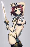  amami_haruka armor bikini_armor blue_eyes cozy hair_ribbon idolmaster navel red_hair redhead ribbon short_hair simple_background solo sword weapon 