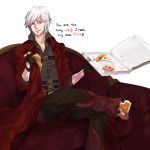  animal_slippers blue_eyes cat_slippers dante devil_may_cry dummy04 english facial_hair food gloves heart male naso4 overcoat pants pizza pizza_box slippers solo stubble white_hair 