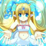  bare_shoulders blonde_hair blue_eyes bracelet circlet fins fish frills jewelry light_smile long_hair mermaid midriff miru monster_girl navel open_hands original outstretched_hand palms pearl pearl_necklace pointy_ears smile solo twintails underwater very_long_hair white_mermaid 