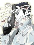  1boy bandages blood fingerless_gloves gloves gun indesign male onepunch_man short_hair solo weapon zombieman 