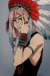  armlet bracelet facial_mark feathers hand_on_face hand_on_own_face headdress inazuma_eleven inazuma_eleven_(series) indian_headdress jewelry long_hair male native_american native_american_headdress pink_hair red_eyes ring signature simple_background solo tank_top temari114 tsunami_jousuke warbonnet 