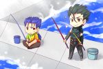  black_hair blue_hair brown_eyes chibi earrings fate/hollow_ataraxia fate/stay_night fate/zero fate_(series) fishing fishing_rod holding holding_fishing_rod jewelry lancer lancer_(fate/zero) male multiple_boys ponytail red_eyes yzb-030 