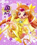  boots bow brooch bubble_skirt choker circlet cure_muse cure_muse_(yellow) dress earrings fairy_tone frills hair_ribbon happy heart highres jewelry karak_nishiki long_hair magical_girl orange_hair precure purple_background red_eyes ribbon ruffles shirabe_ako suite_precure 