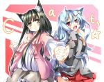 6feather animal_ears black_hair blue_hair blush cat_ears cat_tail fang hair_ornament hairclip hand_holding head_tilt holding_hands long_hair long_sleeves looking_back multiple_girls open_mouth original panties payot red_eyes skirt smile tail underwear white_panties yellow_eyes 
