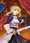  ahoge armor armored_dress blonde_hair blood blood_on_face dress excalibur fate/stay_night fate_(series) faulds gauntlets green_eyes hair_ribbon kirise ribbon saber solo sword weapon 