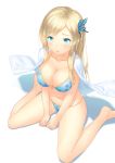  :o ac_(eshi) bad_id bare_legs barefoot bikini blonde_hair blue_eyes blush boku_wa_tomodachi_ga_sukunai breasts butterfly_hair_ornament cleavage floral_print front-tie_top hair_ornament highres kashiwazaki_sena large_breasts legs long_hair navel revision shiny shiny_skin simple_background sitting skindentation solo swimsuit towel wariza white_background 