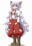  boots bow chin_(motio7201) cross-laced_footwear fujiwara_no_mokou hair_bow hands_in_pockets highres long_hair red_eyes silver_hair simple_background solo standing touhou very_long_hair 