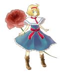  alice_margatroid blonde_hair blue_eyes blush boots capelet dress flower hairband red_rose rose short_hair simple_background solo touhou ut_pictura_poesis 