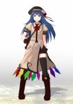  adapted_costume arm_behind_back beret black_legwear blue_hair boots bowtie food fruit gloves grin hand_on_hip hat hat_ribbon highres hinanawi_tenshi hips leaf long_hair looking_at_viewer peach puffy_sleeves red_eyes ribbon shadow short_sleeves shorts side_slit skirt smile solo sword teeth thigh-highs thighhighs touhou weapon yokohachi zettai_ryouiki 