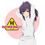  adjusting_hair alternate_costume arms_up badge chef logo long_hair mouth_hold pen pen_(ismr) purple_eyes purple_hair simple_background smile solo tsurime violet_eyes working!! yamada_aoi 
