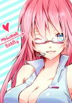  bespectacled blue_eyes breasts cleavage engrish glasses grin heart highres long_hair megurine_luka pink_hair ranguage smile solo sss3 vocaloid wink 
